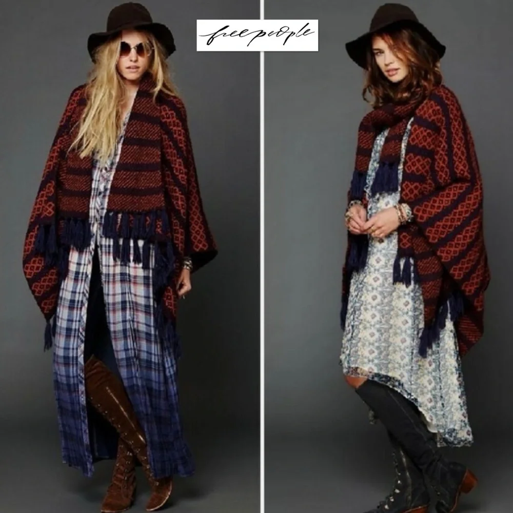 Free People Trekker Tassel Ruana Wrap Poncho Knitted Boho Bohemian Western Aztec